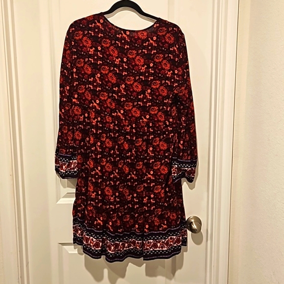 Old Navy Tie Neck Velvet Trim Dress Large Black Red Print Floral Deer Boho - Picture 3 of 3